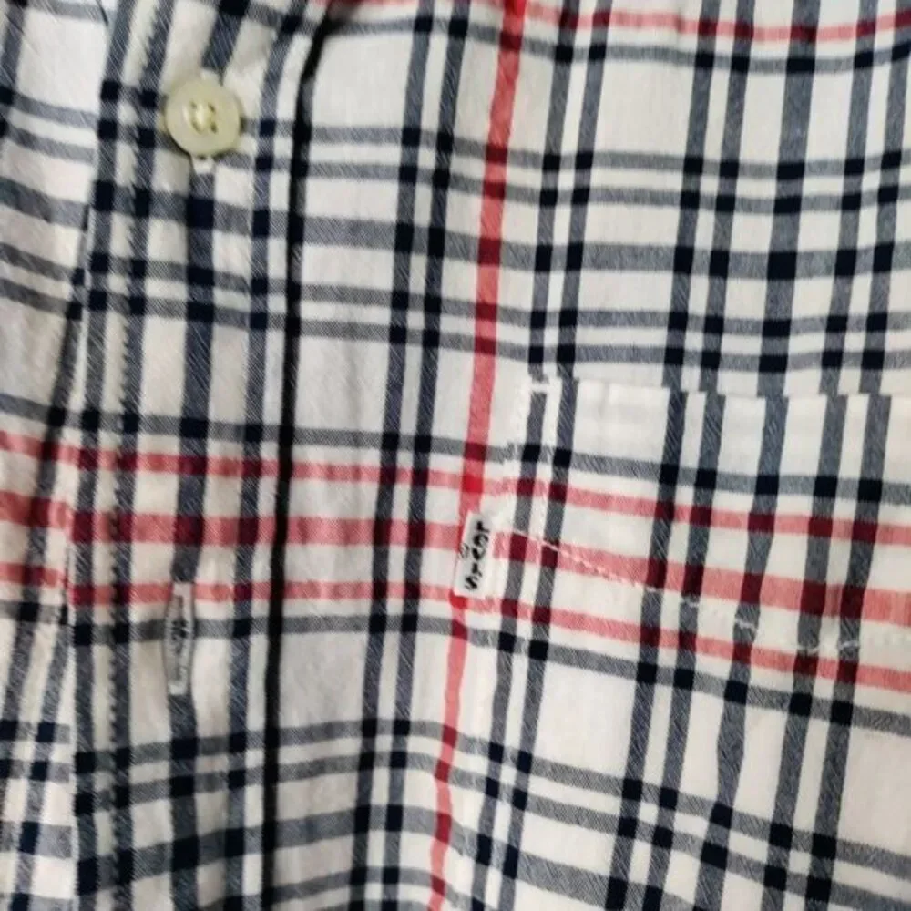 Levis Seersucker‎ Men L Red/Blue Plaid Long Sleeve Button Down Shirt Retro VTG